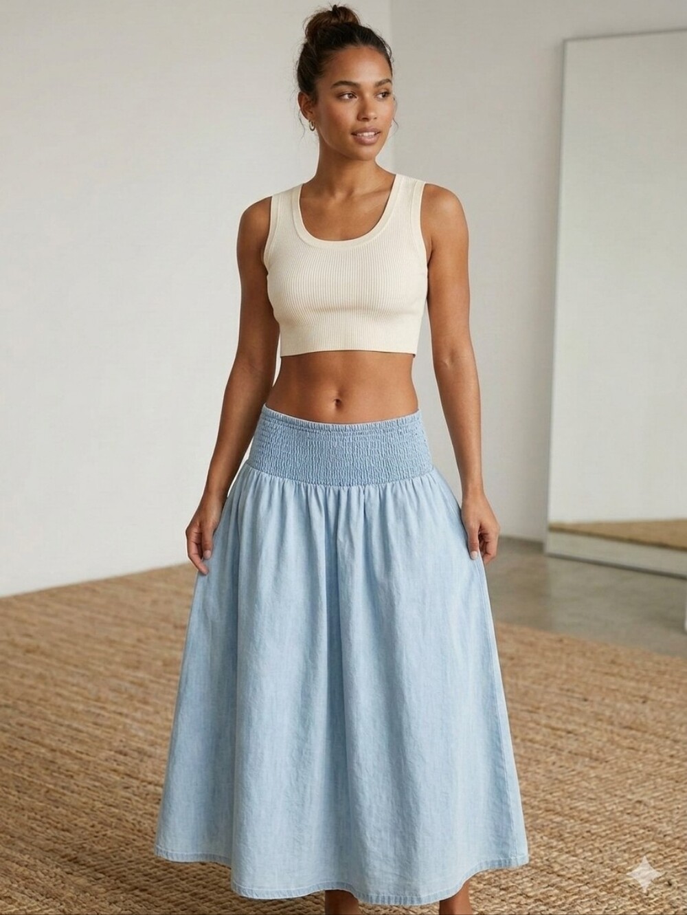J.Crew 100% Cotton Light Blue Smocked Dropoed Waist Midi Skirt Baby Doll Dress S